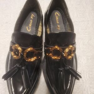 Circus by Sam Edelman Glossy Black Loafers with Gold Detailing